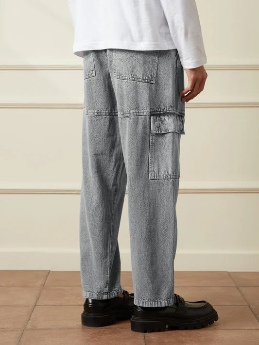 Relaxed Fit Men’s Grey Anti-Fit Cargo Denim with Washed Effect