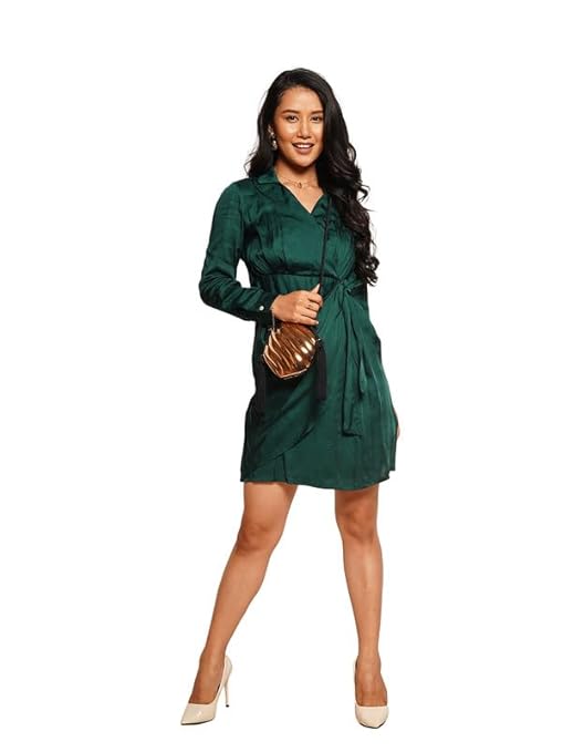 Women Green Wrap Mini Dress Perfect for Everyday Outfits, Summer Fashion, and Street Style Looks