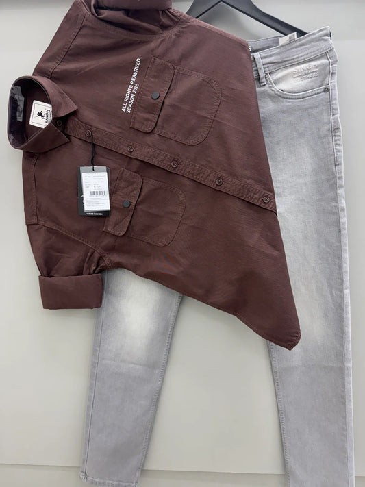 Contemporary Men’s Double Pocket Coffee Brown Shirt Paired with Light Grey Jeans