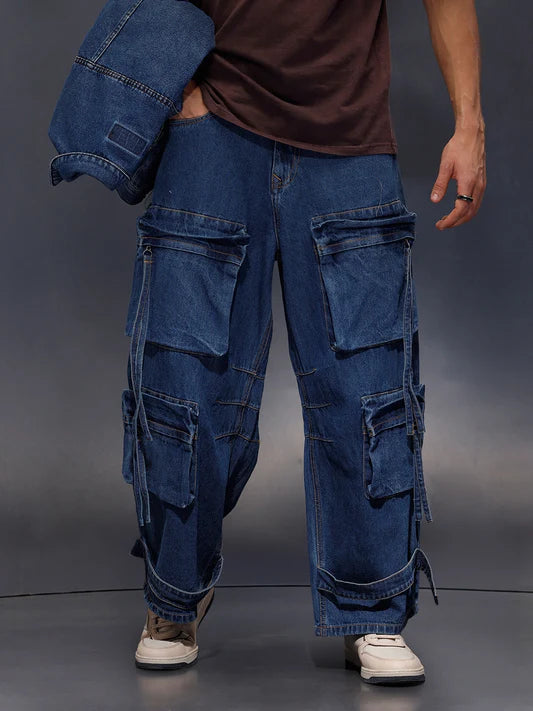 Streetwear Style Men’s Navy Ultra Utility Baggy Fit Cargo Denim Jeans