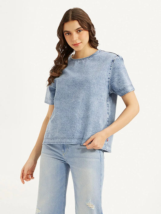 Modern Light Blue Round Neck Denim Top for Women Casual Outfits