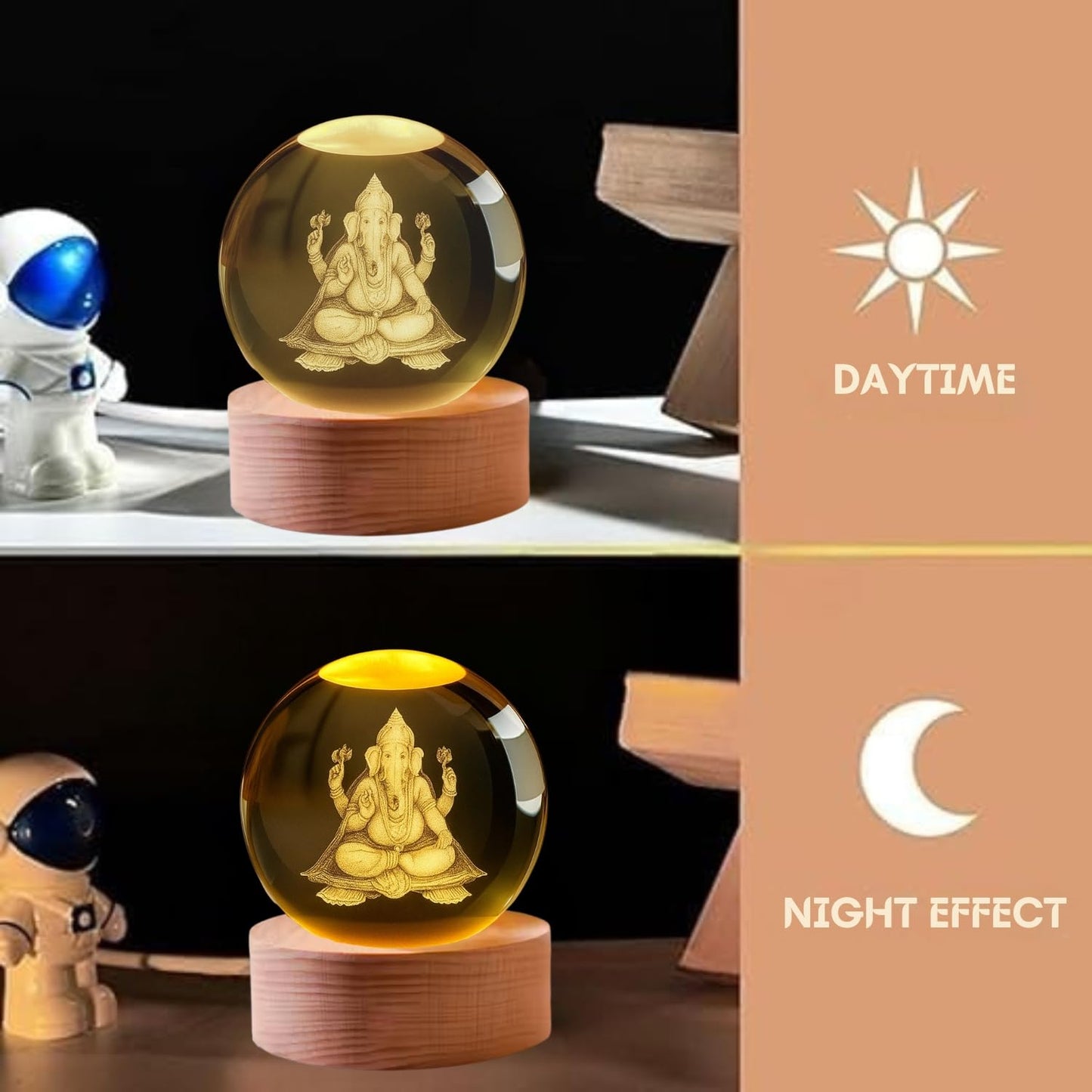 Ganesh Ji 3D Crystal Ball LED Night Lamp USB Powered for Bedroom Décor