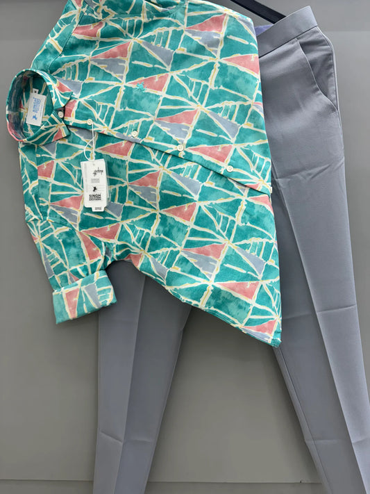 Stylish Men’s Printed Shirt and Formal Pant Combo Featuring Blue Elephant Design