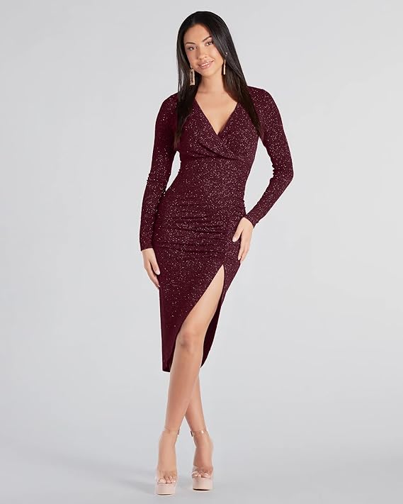 Trendy Lurex Glitter Bodycon Dress Women Long Sleeve Above Knee Front Slit Ruched Seam