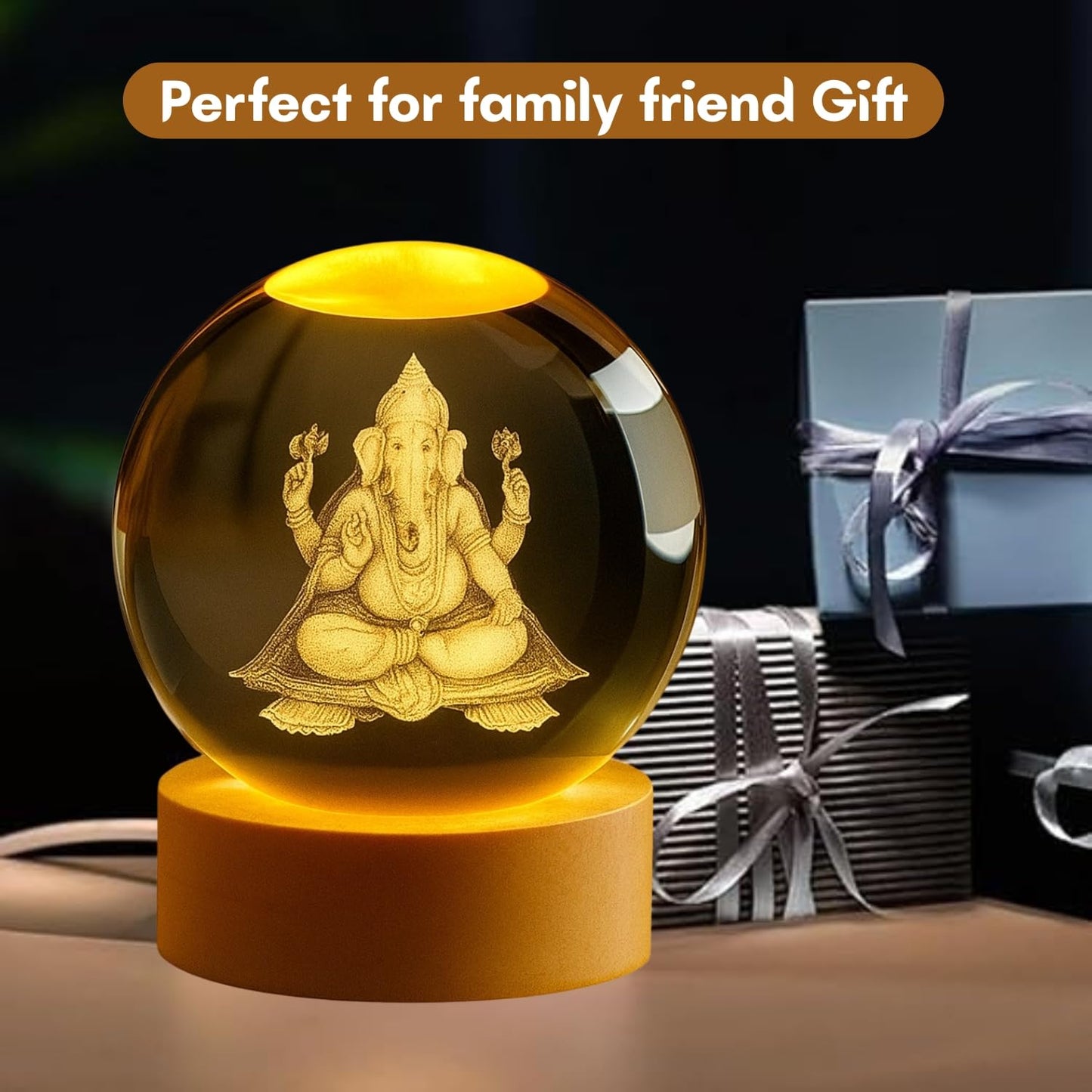 Ganesh Ji 3D Crystal Ball LED Night Lamp USB Powered for Bedroom Décor