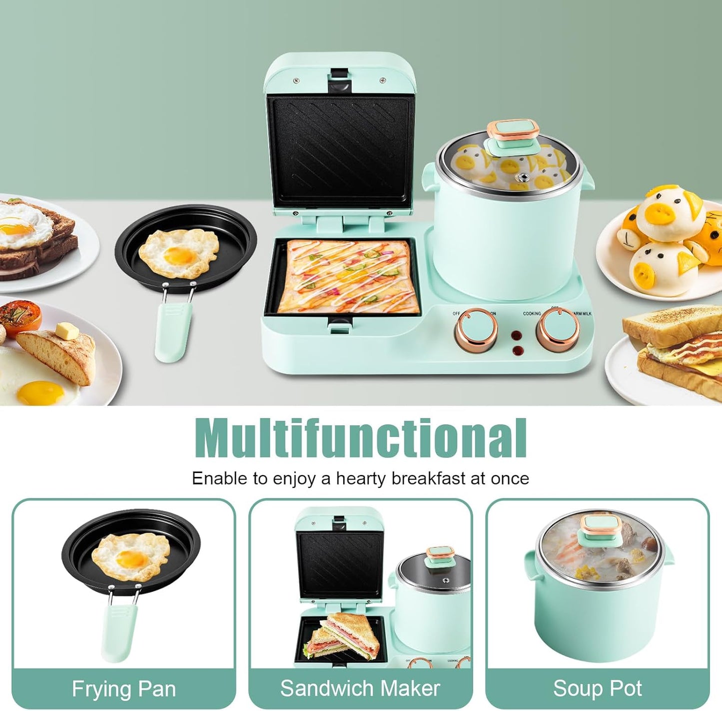 Retro Household 3 in 1 Breakfast Maker with Sandwich and Boiling Options