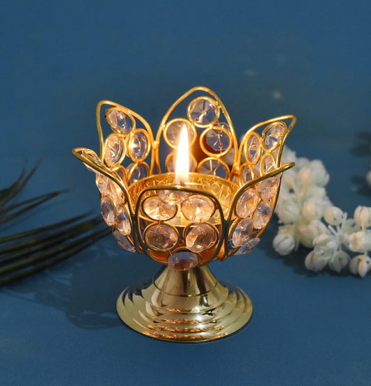 Lotus Shape Crystal Studded Brass Diya Oil Lamp for Home and Festival