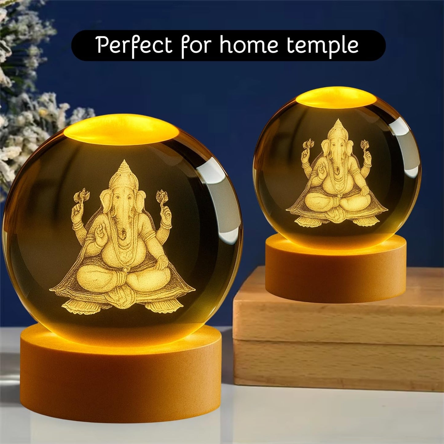 Ganesh Ji 3D Crystal Ball LED Night Lamp USB Powered for Bedroom Décor