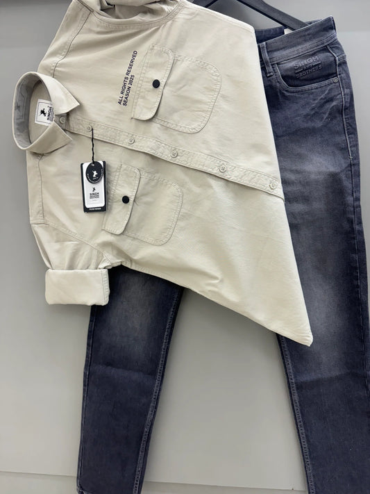 Classic Men Double Pocket Shirt with Denim Jeans Pant Perfect for Stylish Travel and Everyday Wear