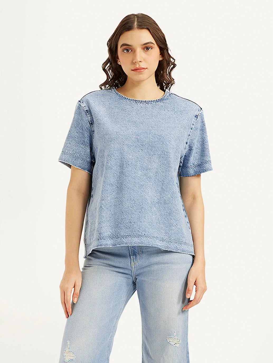 Modern Light Blue Round Neck Denim Top for Women Casual Outfits