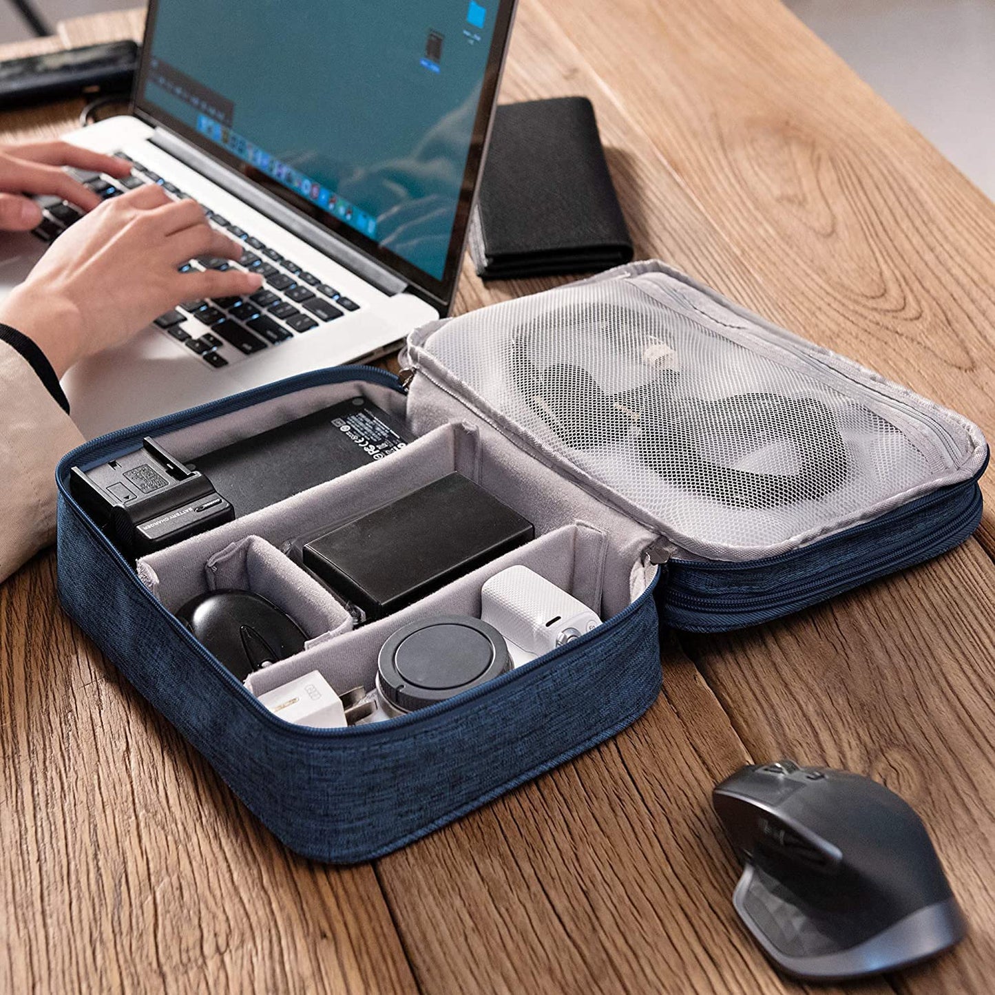 Dark Blue Portable Electronics Organizer Bag for Cables, Chargers, Adapters, and Power Banks
