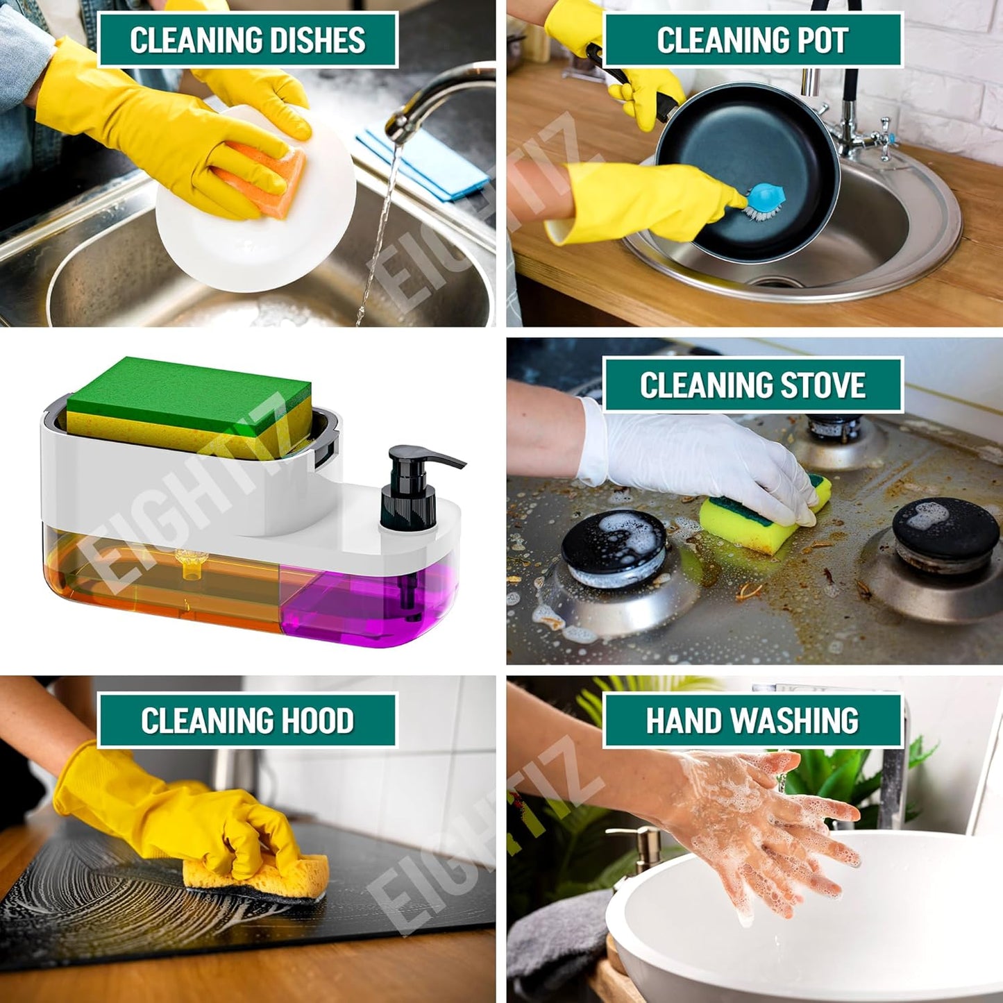 Kitchen and Bathroom Soap Dispenser with Sponge Holder for Countertop Use