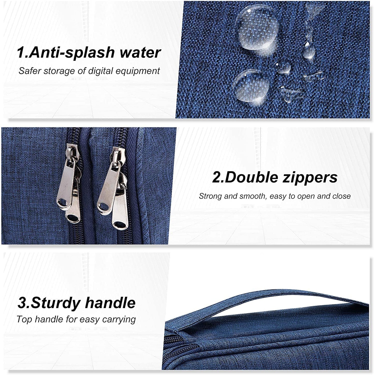 Dark Blue Portable Electronics Organizer Bag for Cables, Chargers, Adapters, and Power Banks