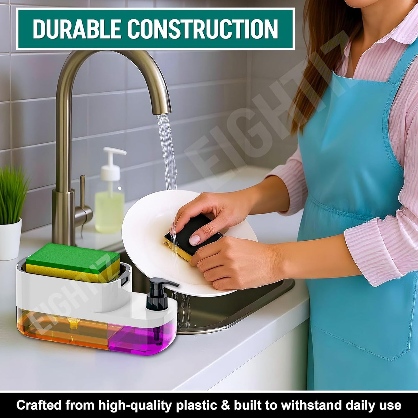 Kitchen and Bathroom Soap Dispenser with Sponge Holder for Countertop Use