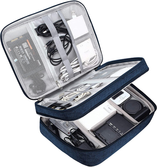 Dark Blue Portable Electronics Organizer Bag for Cables, Chargers, Adapters, and Power Banks