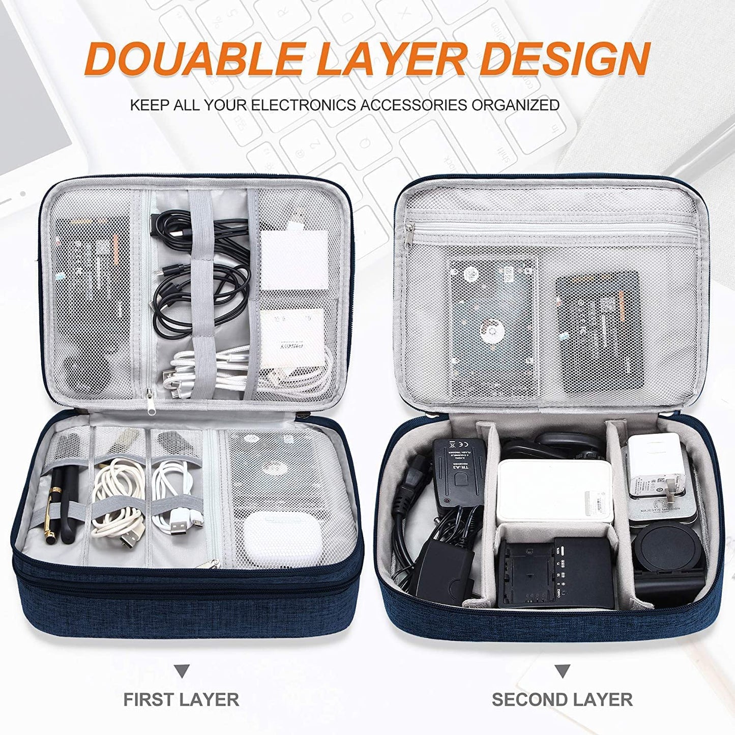 Dark Blue Portable Electronics Organizer Bag for Cables, Chargers, Adapters, and Power Banks