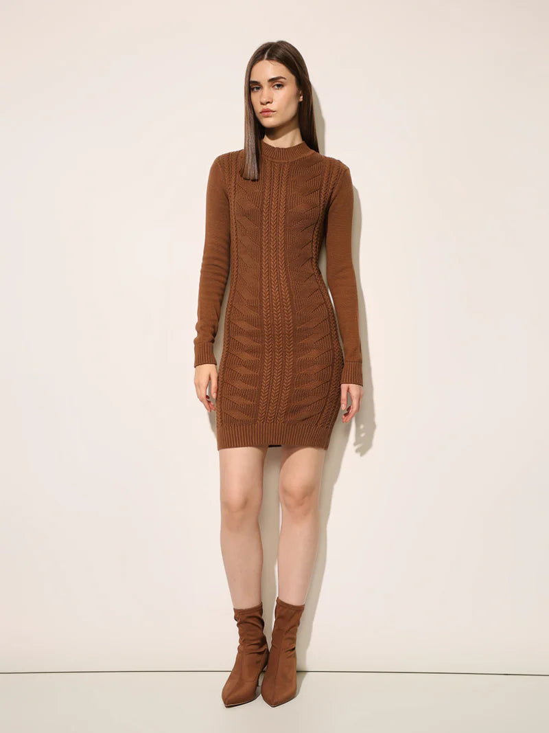 Brown Cable Knitted Bodycon Dress Women’s Trendy Stylish Outfit for Winter or Outings