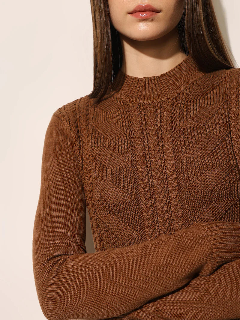 Brown Cable Knitted Bodycon Dress Women’s Trendy Stylish Outfit for Winter or Outings
