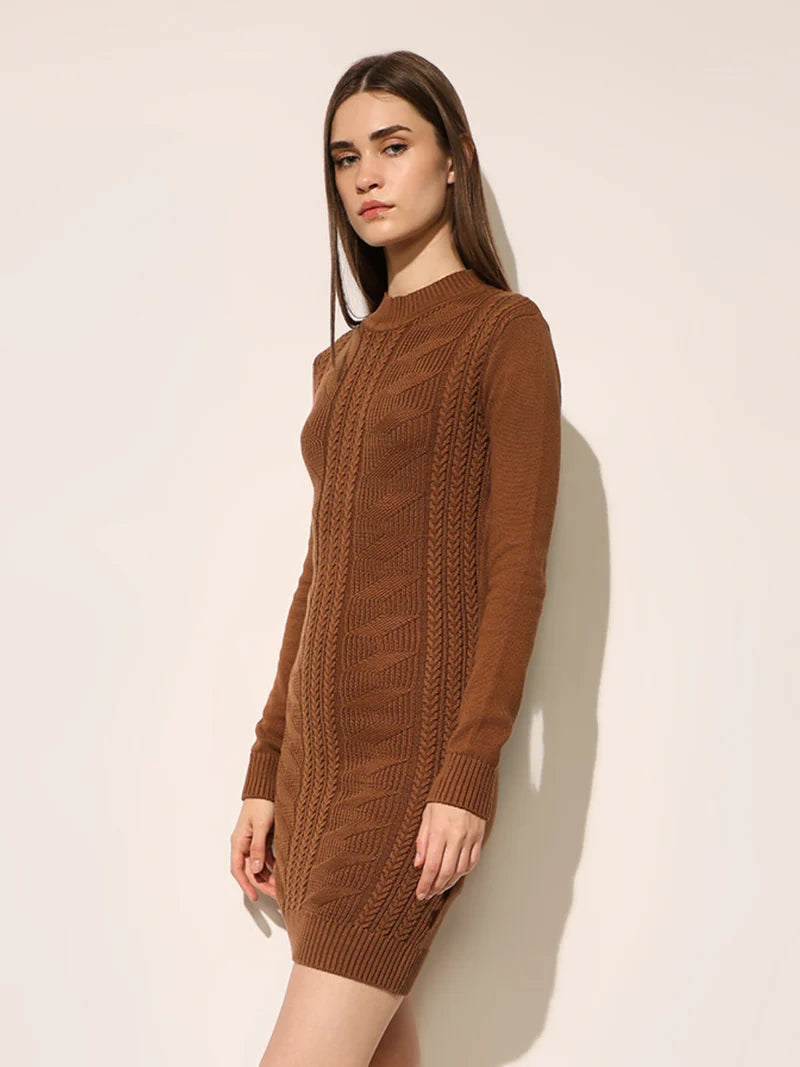Brown Cable Knitted Bodycon Dress Women’s Trendy Stylish Outfit for Winter or Outings