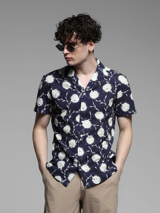 Elegant Blue Floral Embroidered Shirt for Men Semi-Formal and Party Outfit