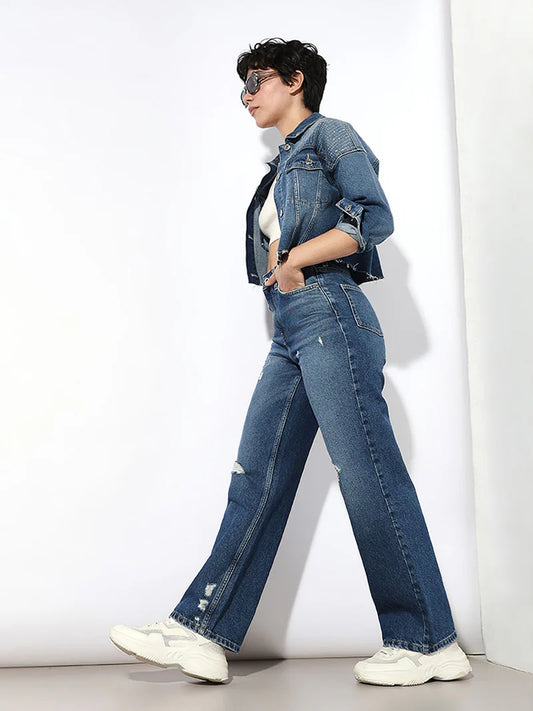 Premium Designer Dark Blue High Rise Distressed Jeans Perfect for Street Style