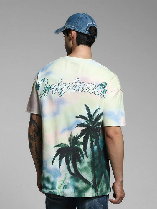 Light Yellow Tropical Print Oversized T-Shirt Men’s Trendy Casual Streetwear Look