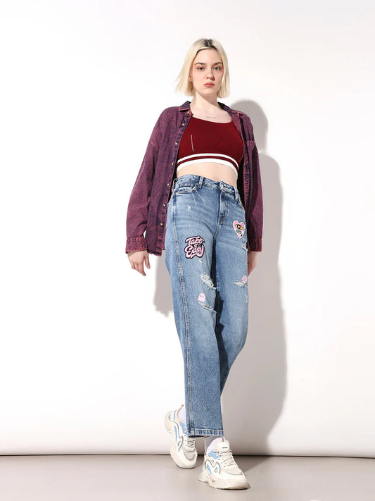 Contemporary Blue Applique Distressed Jeans with Trendy Applique Design
