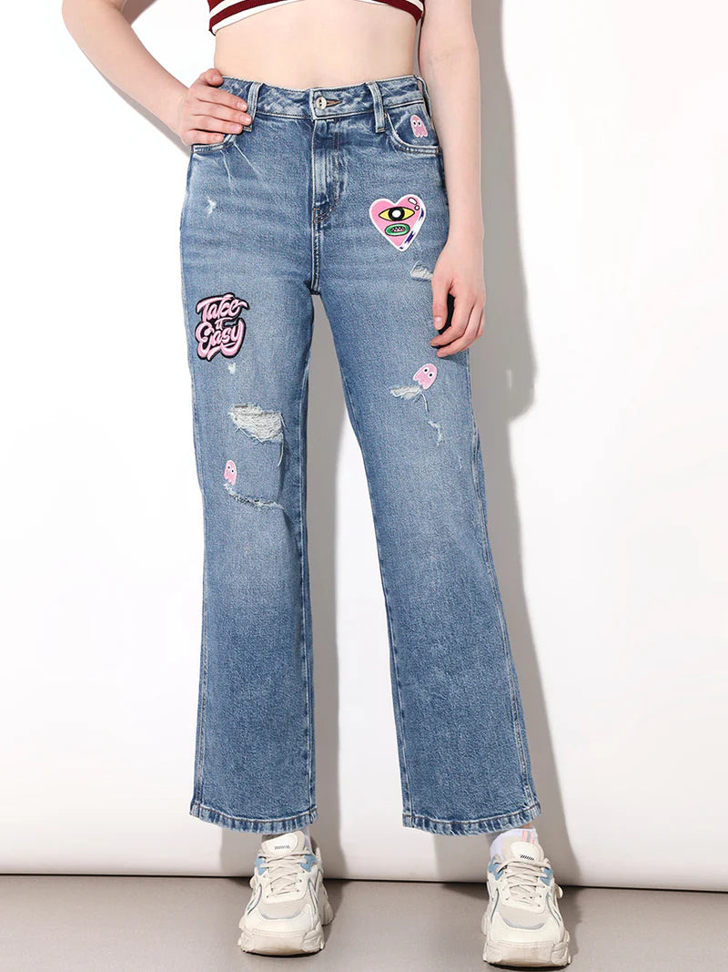 Contemporary Blue Applique Distressed Jeans with Trendy Applique Design