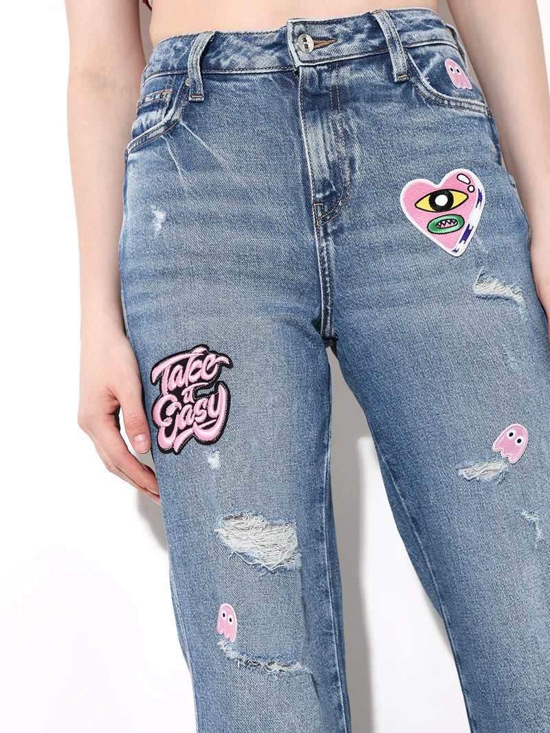 Contemporary Blue Applique Distressed Jeans with Trendy Applique Design