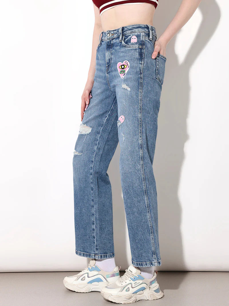 Contemporary Blue Applique Distressed Jeans with Trendy Applique Design