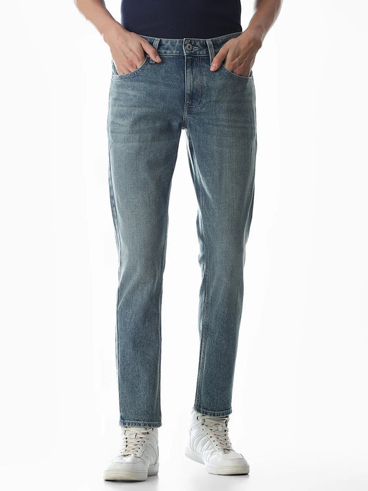 Contemporary Men’s Cropped Brak Slim Fit Jeans in Classic Blue Denim with Sleek Design