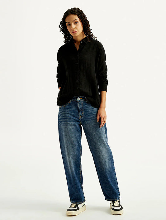 Chic Women Mid Rise Baggy Fit Blue Jeans Crafted for Contemporary Street Style Fashion