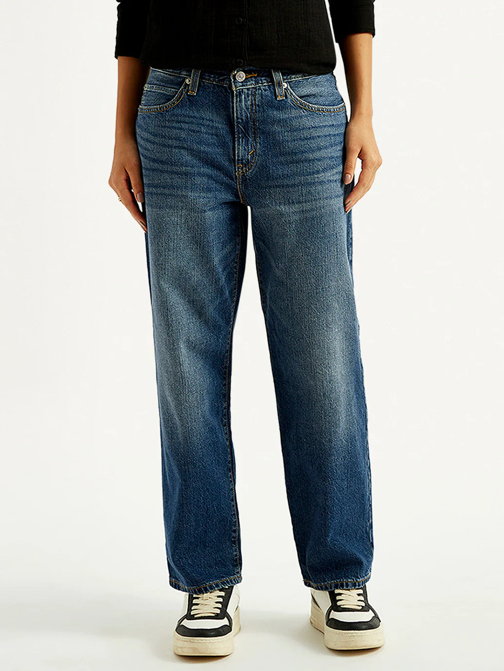 Chic Women Mid Rise Baggy Fit Blue Jeans Crafted for Contemporary Street Style Fashion