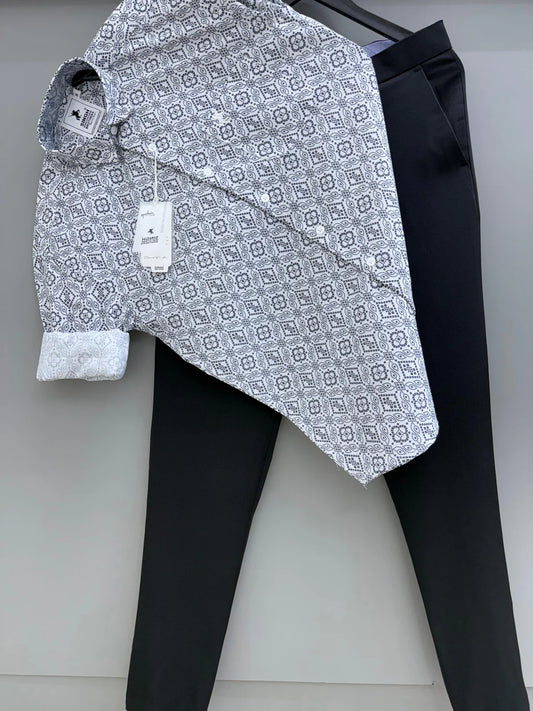Men’s White Dot Printed Shirt Paired with Formal Pant for Office and Semi-Formal Wear