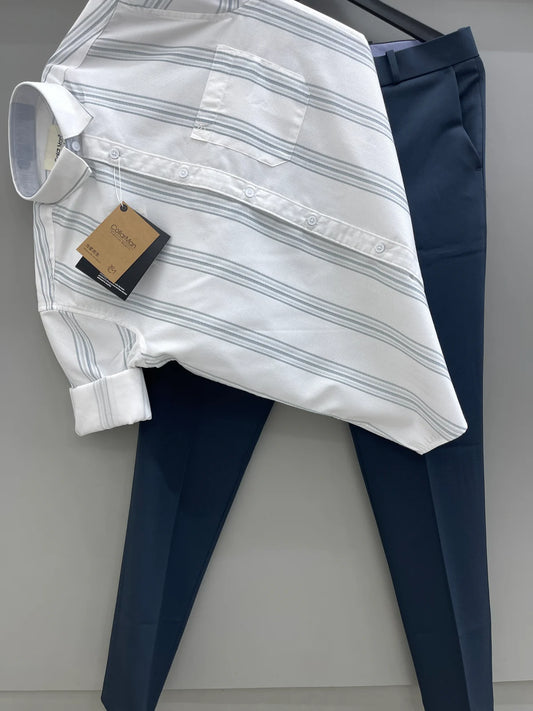 Smart Casual Men’s Blue Grey Striped Shirt with Grey Work Pant