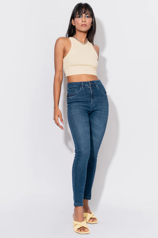 Versatile Dark Blue High Waist Women’s Skinny Jeans for Work and Weekend Wear