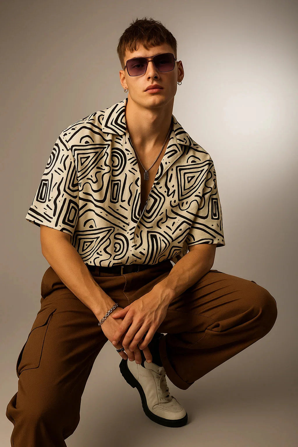 Streetwear Oversized White Black Camp Collar Shirt All Over Print