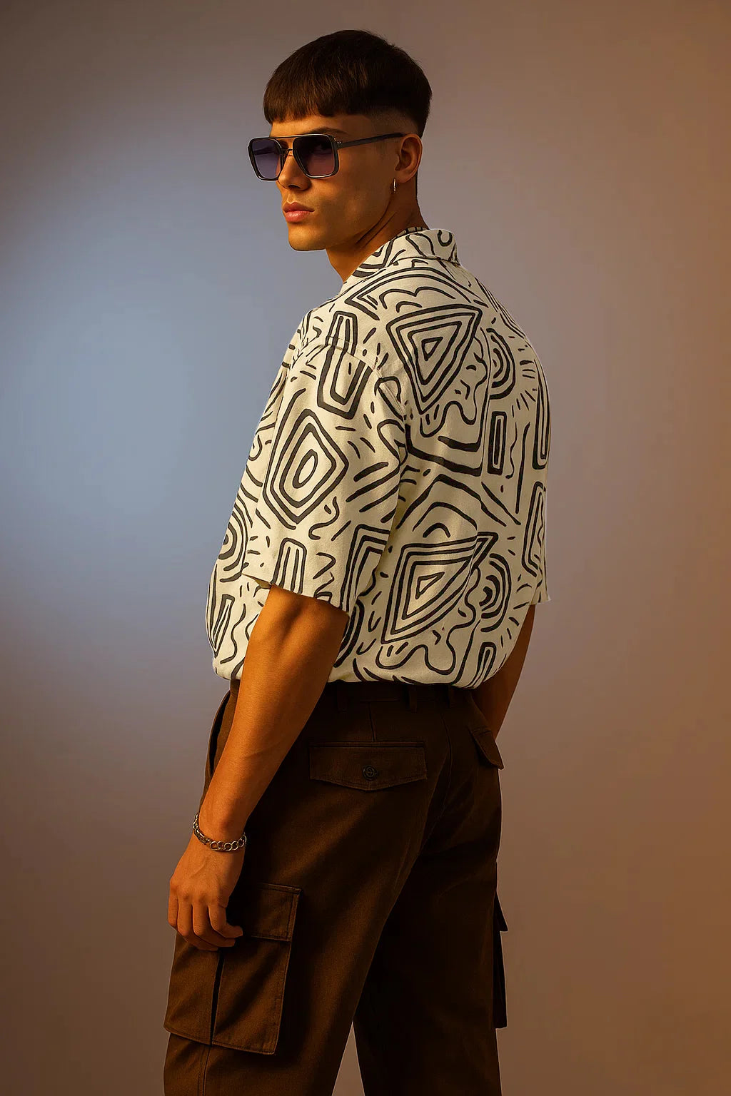 Streetwear Oversized White Black Camp Collar Shirt All Over Print