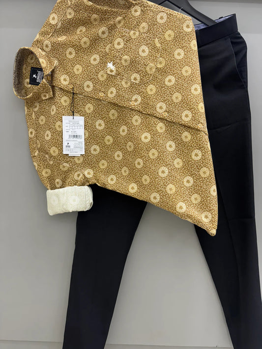 Trendy Men’s Yellow Printed Shirt and Black Formal Pant for Work and Meetings