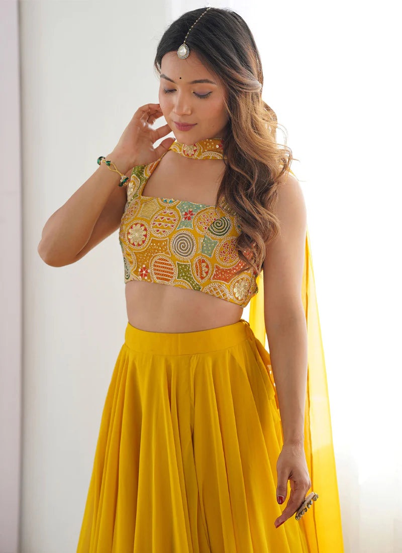 Bright Yellow Haldi Special Georgette Lehenga Choli Set – Perfect for Pre-Wedding Functions