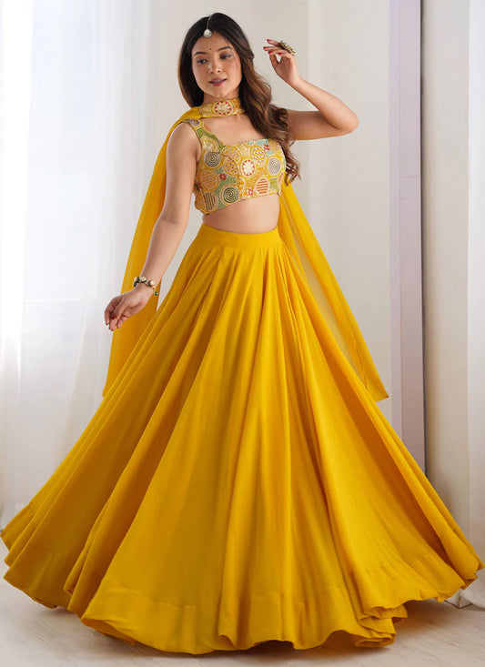 Bright Yellow Haldi Special Georgette Lehenga Choli Set – Perfect for Pre-Wedding Functions