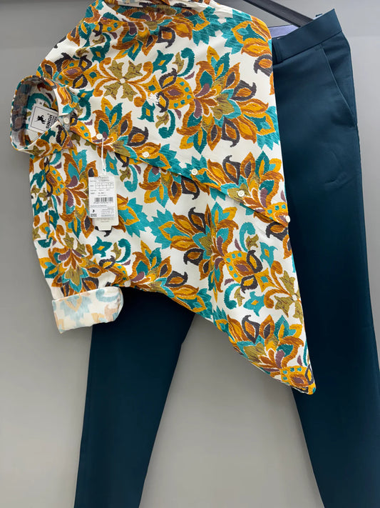 Comfortable Men’s Blue Elephant Printed Shirt with Purple Formal Pant Set for Daily Office Wear