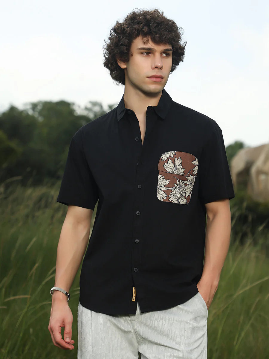 Flora Block Printed Cotton Shirt for Men with Minimal Detailing and Elegance