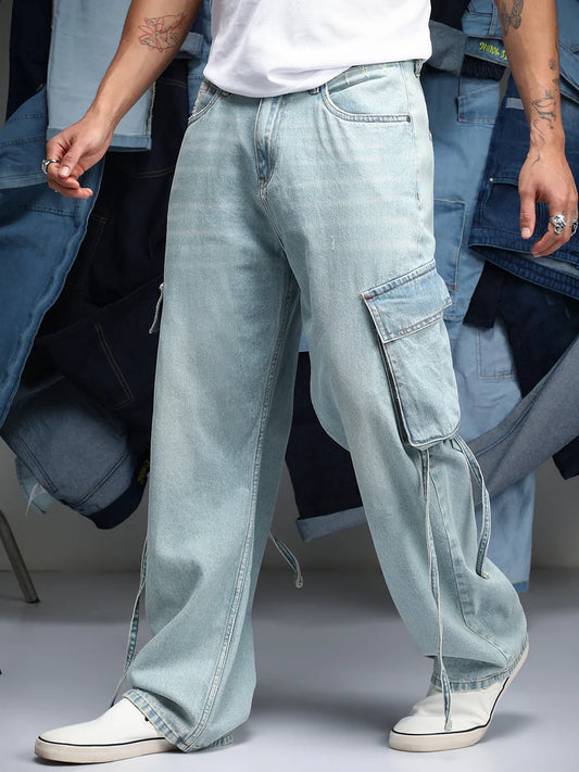 Versatile Men’s Baggy Utility Denim Jeans with Functional Design and Relaxed Fit