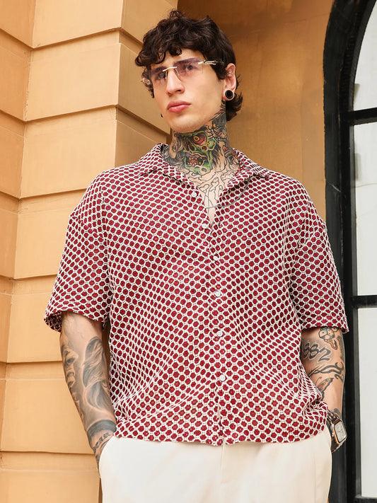 Oversized Geometric Crochet Cuban Collar Shirt Comfortable Cotton Shirt