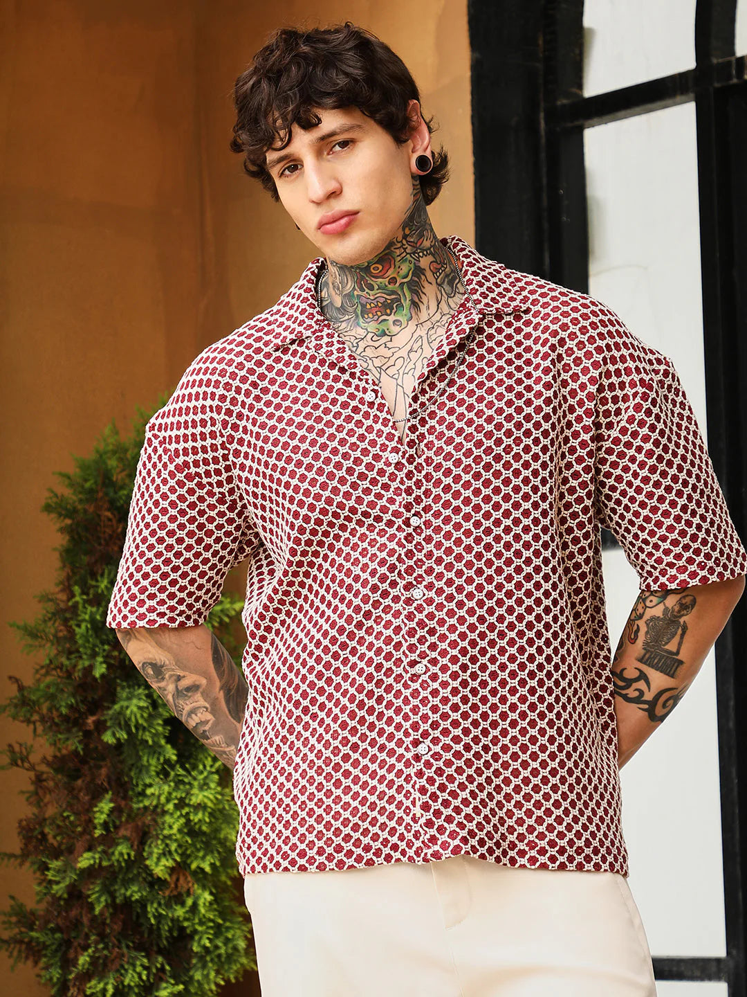 Oversized Geometric Crochet Cuban Collar Shirt Comfortable Cotton Shirt