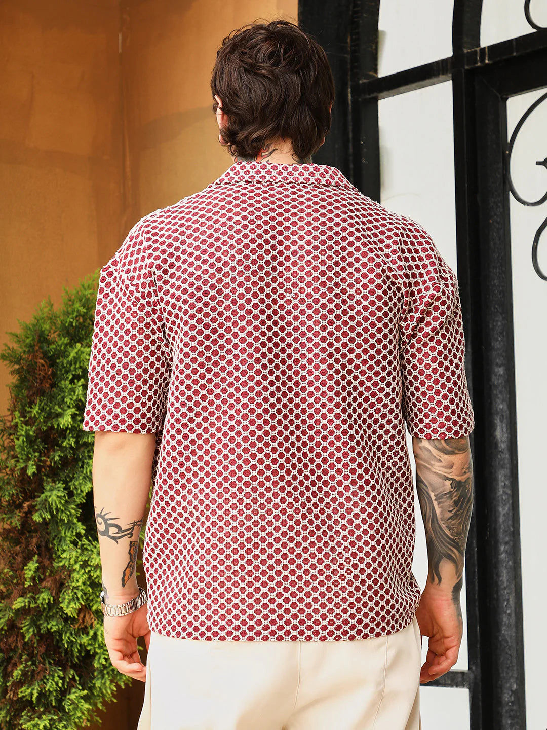 Oversized Geometric Crochet Cuban Collar Shirt Comfortable Cotton Shirt