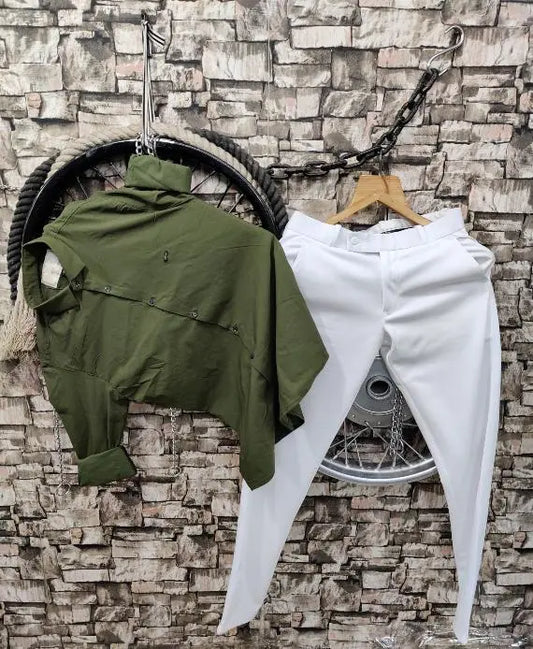 Comfortable Men’s Lycra Combo Pack: Shirt in Green and Pant in White