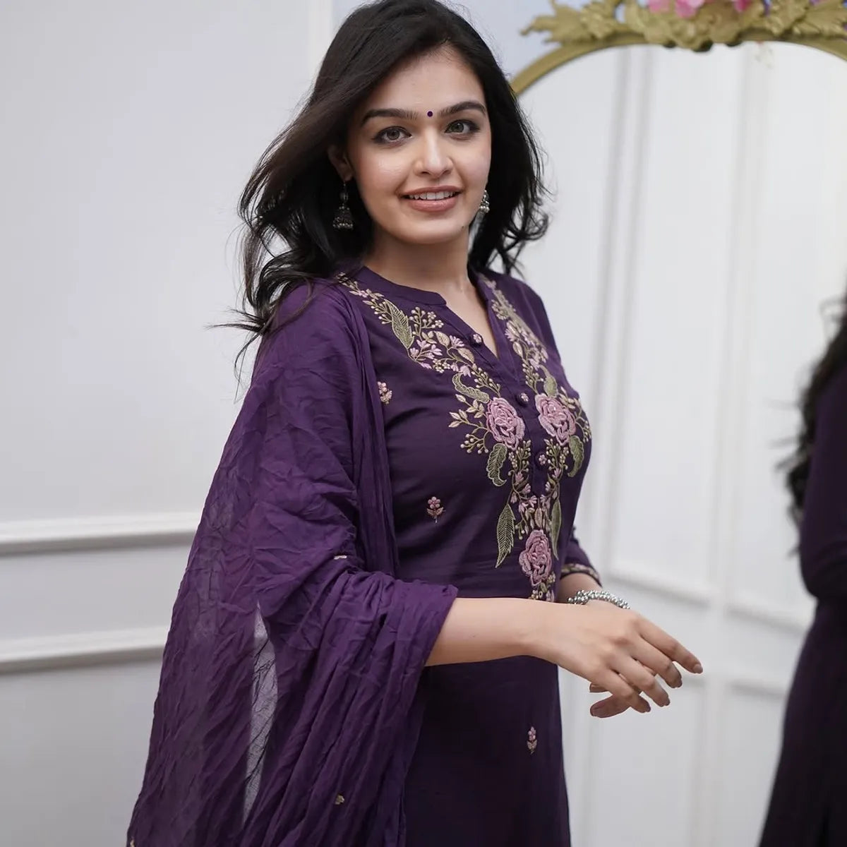 Trendy Women’s Purple Cotton Kurta Set with Elegant Embroidered Detailing and Coordinated Bottoms and Dupatta