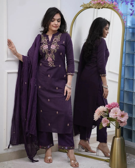 Trendy Women’s Purple Cotton Kurta Set with Elegant Embroidered Detailing and Coordinated Bottoms and Dupatta